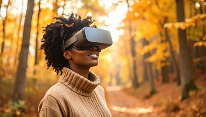Woman in Virtual Reality Headset Exploring Autumn Forest
