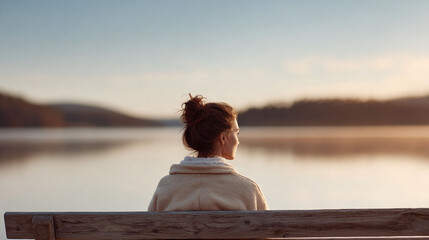 Woman on bench, back view. Calm lakeside scene. Solitude, reflection, wellness. Ideal for travel, lifestyle, mental health content, conveying peace and inspiration.