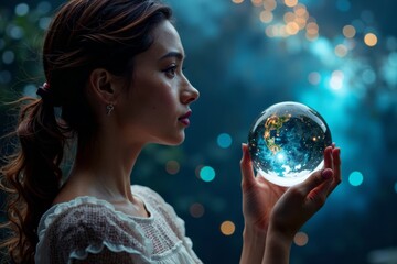 Naklejka premium Woman gazing into the future with a crystal ball in hand