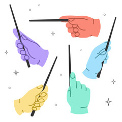 Set of hands with magic wands. Witchcraft, illusionist tool, mystical symbol, magic attribute of a wizard. Collection of character hands with a wand for magic, sorcery, witchcraft, tricks, shows