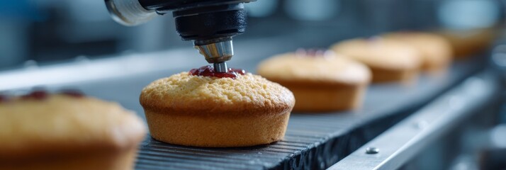 Assembly line cupcake crafting, industrial confectionery alchemy, batter dreams, mechanical precision, Cupcake Lovers Day, sweet culinary machinery