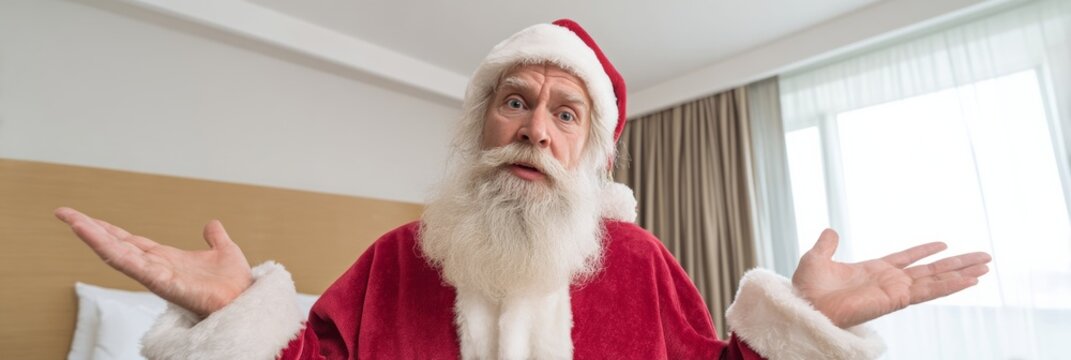 Confused Santa in cozy hotel room, white elder male, celebrates quirky Festivus vibes, pondering post-Christmas trickster traditions