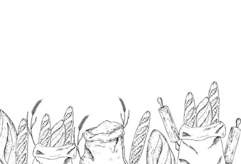 Naklejka premium Vector frame, template with croissant and wheat in a rustic canvas bag. Vintage frame, logo, banner with outline hand drawn illustration perfect for organic bakery branding. Detailed design ideal for