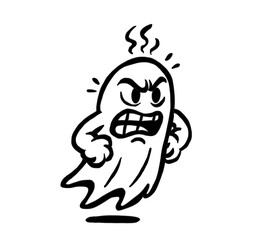 Ghost with angry expression, black and white line drawing version