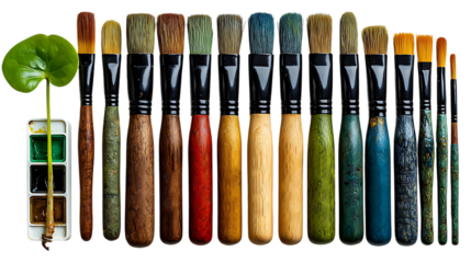 Assortment of Paint Brushes and Watercolor Palette with Sprout art supplies artist isolated on a transparent background