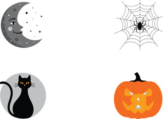 Halloween icons with moon, spider web, black cat and pumpkin for holiday celebration and party decoration