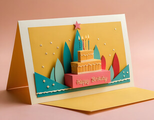 Happy birthday greeting card in colorful paper cut and craft style with text and decorative stars on bright background