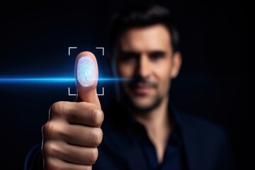 A person's thumb displays a digital fingerprint scan against a dark background.