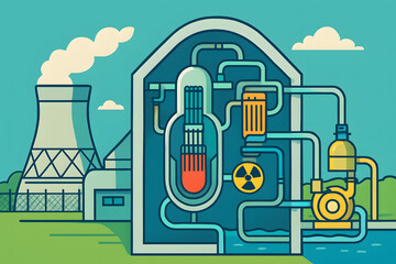 Atomic Reactor in a Green Field: A detailed illustration of an atomic reactor, demonstrating a technological marvel amid the peaceful scenery of nature.