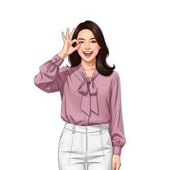 Cheerful business woman makes OK sign. Success concept illustration.
