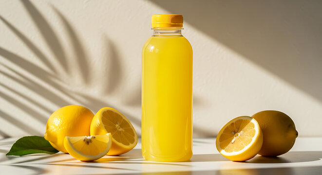 Refreshing lemon juice in a bottle with fresh lemons still life