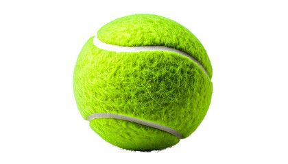 A single fuzzy bright green hard tennis ball with white seams isolated on transparent background