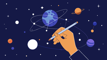 Creative hand drawing planets and stars in a flat style cosmic universe