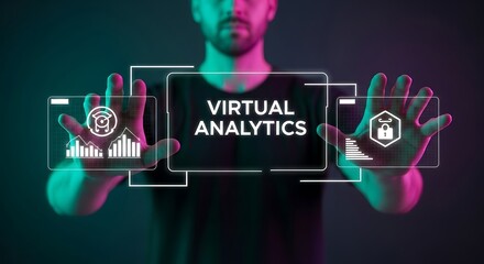 Man interacting with virtual analytics interface digital data visualization futuristic technology concept