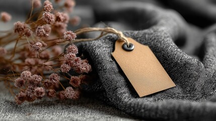 Dried flower cluster near a neutral tag on textured fabric