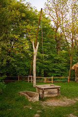 A traditional wooden water well with a stone trough, surrounded by lush green trees and grass. A great fit for historical exhibits and rustic design projects.