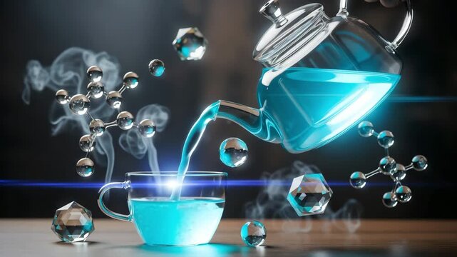 Futuristic transparent kettle pouring glowing blue liquid into a glass cup, floating molecular spheres and crystalline shapes orbiting, cinematic smoke and light reflections, perfect for molecular dri