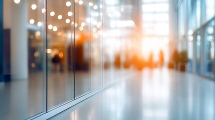 Modern Office Space with Abstract Glass Architecture and Soft Bokeh Lights in a Spacious Hallway