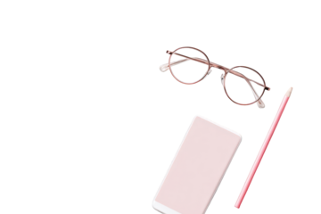 A flat lay of pink phone, eyeglasses, and pencil