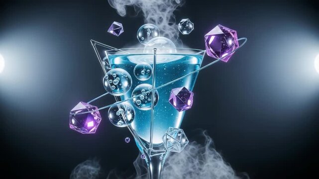 Futuristic glowing blue cocktail in transparent glass with molecular bubbles, surrounded by orbiting purple crystals and glowing light trails, cinematic smoke and sci-fi design, perfect for future dri
