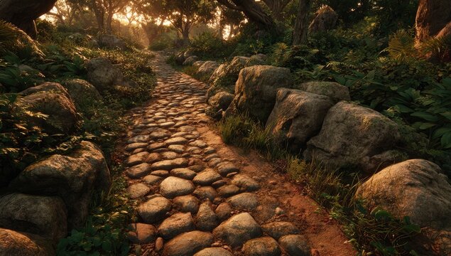Sunlit stone path through a lush forest