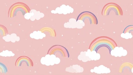 Pastel rainbows and clouds on a pink background