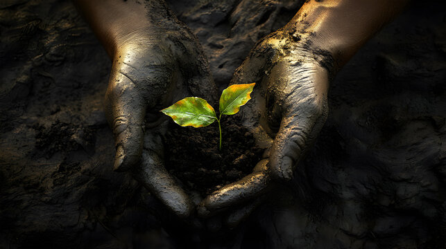 A person is holding a small plant in their hands