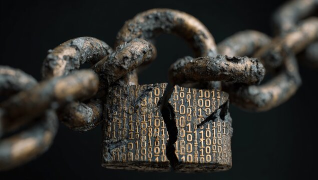 Broken padlock with binary code on a chain - Powered by Adobe