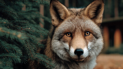 A fox on the background of a pine tree and a wooden house. A petting zoo.