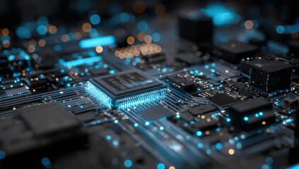 Fototapeta premium Close-up of circuit board with glowing chip