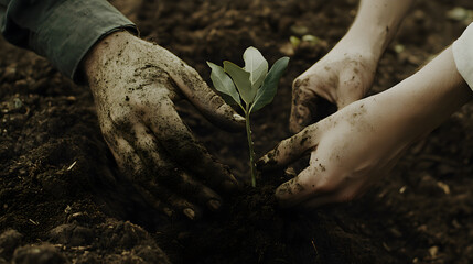 Two people are planting a tree in the dirt