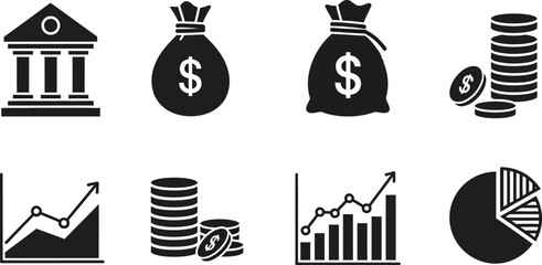 Fototapeta premium Visualize financial growth success with banking icons, money bags, charts, and pie graphs for investment