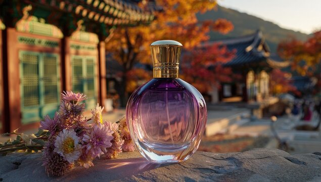 Purple perfume bottle, autumnal setting