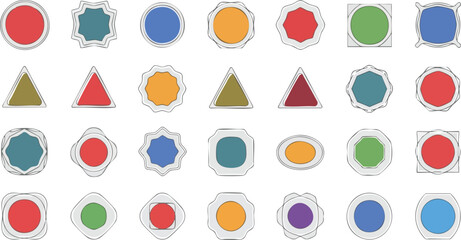 An array of various colored geometric shapes with white outlines, arranged in a grid.