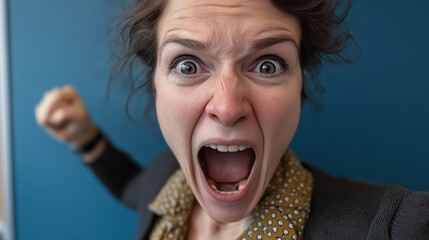 Femme exprimant une grande colère avec la bouche ouverte et les yeux
