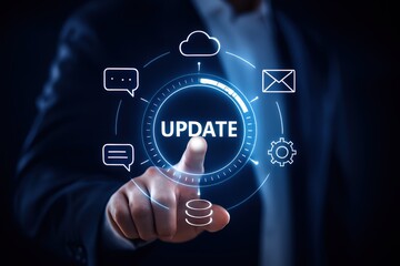 A hand interacts with a digital interface displaying the word "UPDATE" surrounded by communication and technology icons.