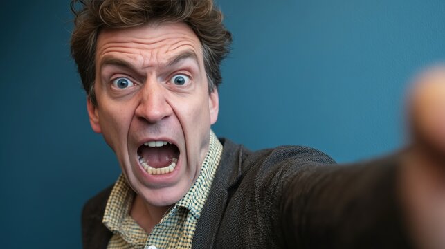 Homme aux yeux bleus exprimant la colère avec bouche grande ouverte