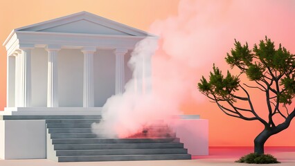 Ethereal House with Smoke and Pine Tree Glow