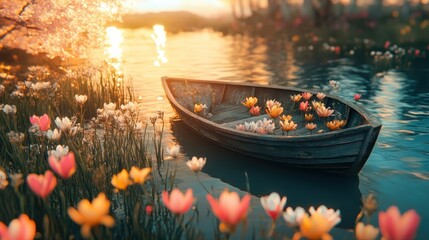 Fototapeta premium Peaceful Boat Surrounded by Colorful Flowers in a Serene Lake