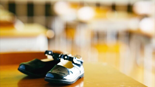 学校の教室の机の上に置かれた新入生の真新しい女の子の靴