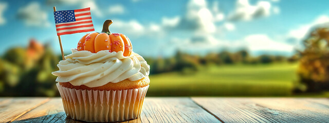 Festive cupcake with a decorative Halloween pumpkin and the US flag stands on the floor against the background of sunny fields and sky — creative banner for holidays and advertising
