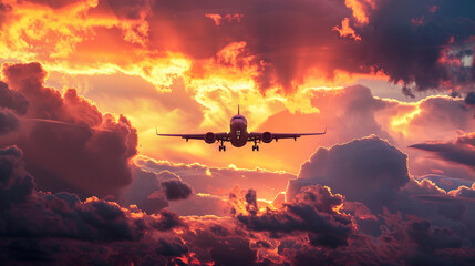 A powerful image capturing an airplane soaring through the sky, its silhouette framed by a dramatic and intensely vivid sunset with swirling, fiery orange and dark storm clouds.

