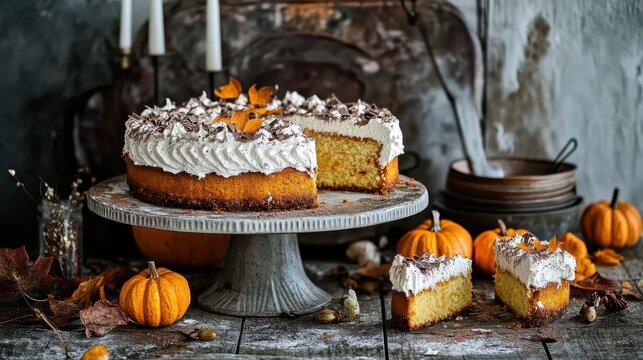 Delicious Autumn Cake with Whipped Cream and Festive Decorations
