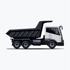 A heavy-duty dump truck illustrated on a blank canvas. It has a black bed and a white cabin, a sturdy vehicle