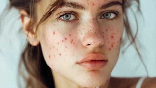Pimple on face of young woman, facial skin problem. Allergic redness, spot with inflammation, dermatitis on cheek. Squeeze out pimples, acne. Medical care, treatment concept