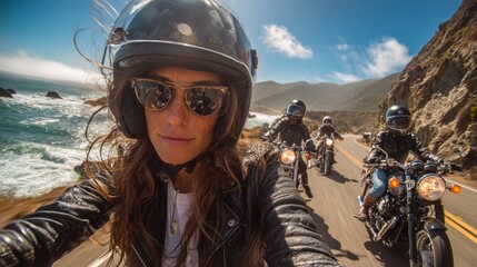 Biker group relishing coastal journey on motorcycles beneath clear blue sky