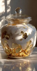 Glass jar with gold leaf accents, filled with white material