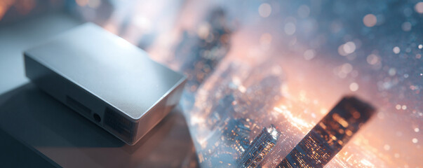 Sleek silver tech device atop a surface, blurred cityscape in background. Conceptual image for innovation, modern living, connectivity. Perfect for tech, business ads.