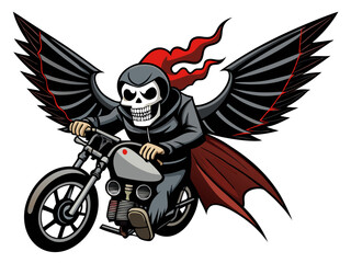 Cartoon skeleton riding a motorcycle with wings