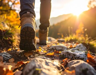 Close-up of hiking boots stepping on a rocky trail